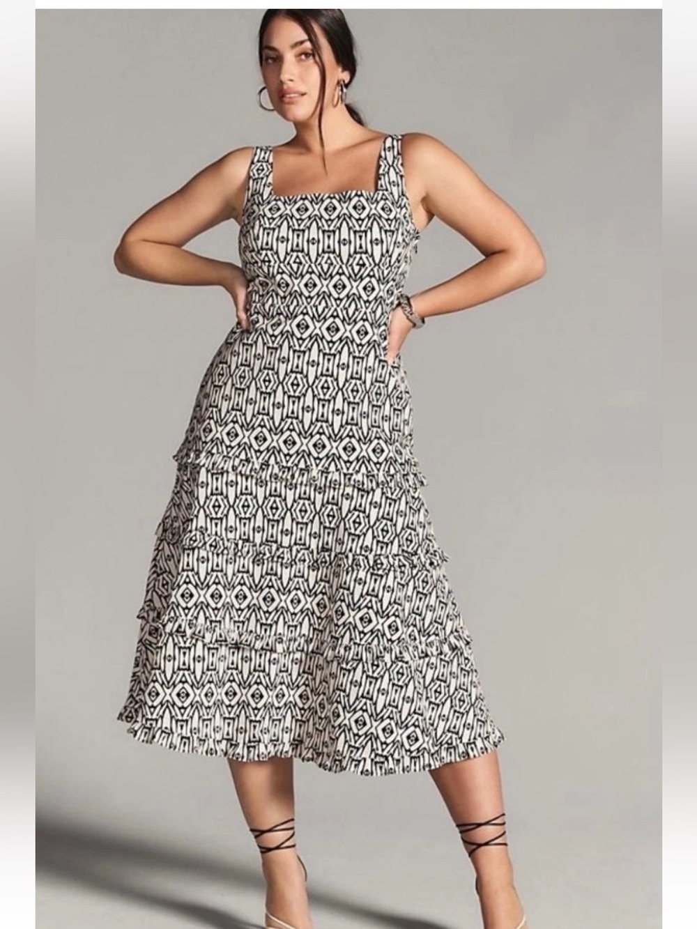 Anthropologie Black & White Geometric Square-Neck Tiered Midi Dress